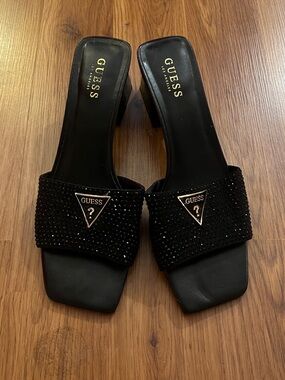 GUESS Black Rhinestone Logo Square Toe Block Heel Mules Women’s 11M